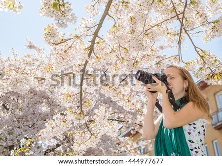 Woman young girl photographer taking shot of cherry tree blossom camera