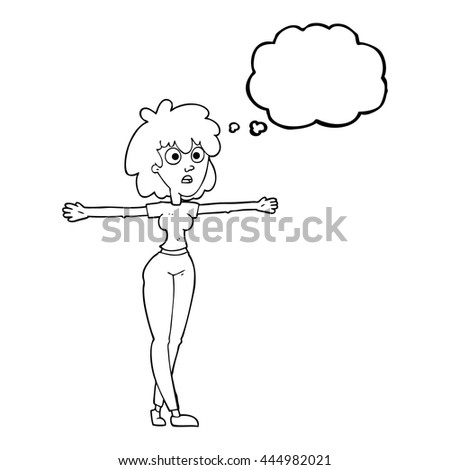 freehand drawn thought bubble cartoon woman spreading arms