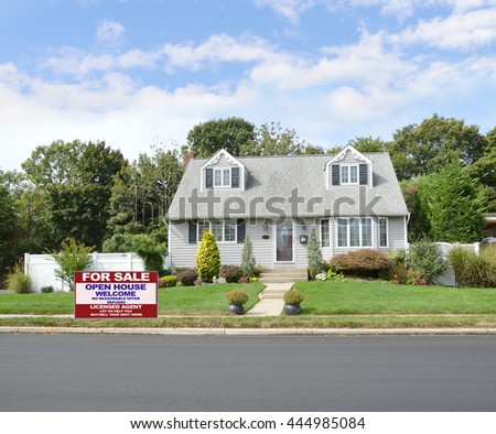 Real estate for sale open house (another success let us help you buy sell your 
next home)  welcome sign Beautiful Gray Suburban Home Landscaped Sunny Blue Sky Clouds Residential Neighborhood USA