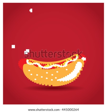 Pixeled hot dog, video game, Vector illustration