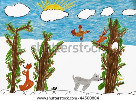  child's bright drawing. Animal in forest