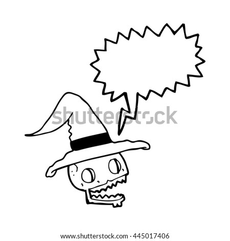 freehand drawn speech bubble cartoon skulll wearing witch hat