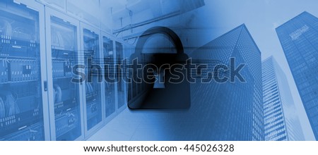Shiny lock on black background against image of a data center