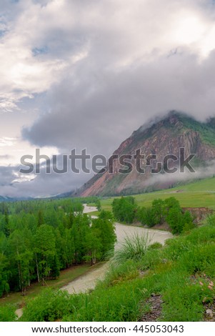 Muddy mountain river from melting snow flowing from the glacier peaks of the Altai Mountains