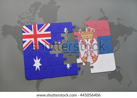 puzzle with the national flag of australia and serbia on a world map background.