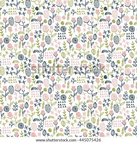 Vector floral pattern in doodle style with flowers and leaves. Gentle, spring floral background. Can be used for wallpaper, web page, surface textures.