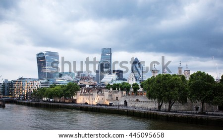 Panoramic view over London from the Tower Bridge to the City across the Thames