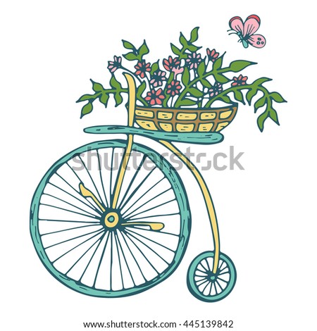 Hand drawn vector illustration with vintage bicycle and basket full of flowers, butterflies. Beautiful element for wedding, valentine's day and invitation. 