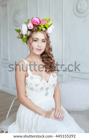 photo of the bride in a studio, wedding, portrait, face, woman, fashion, beauty, white dress.