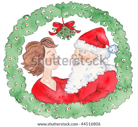 my original watercolor of mommy kissing Santa