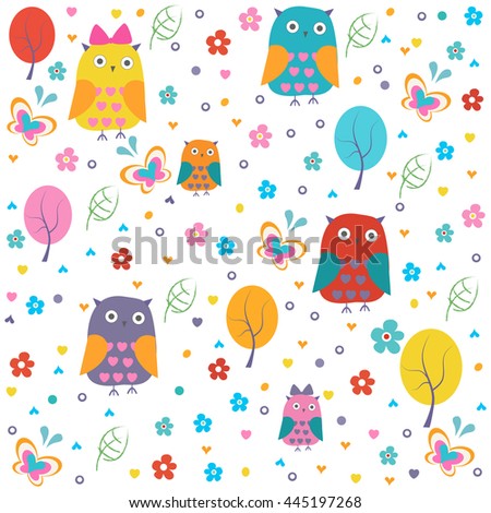 Colorful owl, butterflies and flowers vector pattern illustration