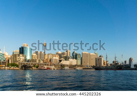 Sydney CBD view of Darling Harbour, Tall Ship, Cockle bay Wharf and Sydney Tower. Office, commercial and residential skyscraper buildings of Sydney Central Business District