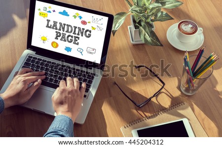 LANDING PAGE  (SEO concept) man hand on table Business, coffee, Split tone