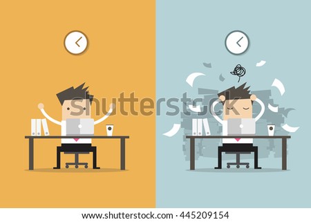 Businessman finish working and busy businessman unfinished work. Business concept cartoon vector. Royalty-Free Stock Photo #445209154