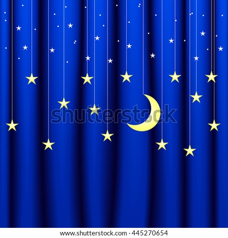 Background conceptual image of blue curtain with stars of different sizes and moon, theater