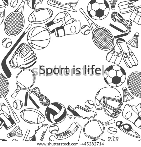 Sports equipment hand drawn seamless pattern vector. Doodle background with sketch objects 