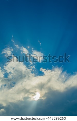 image of blue clear sky and sun ray on day time for background usage.