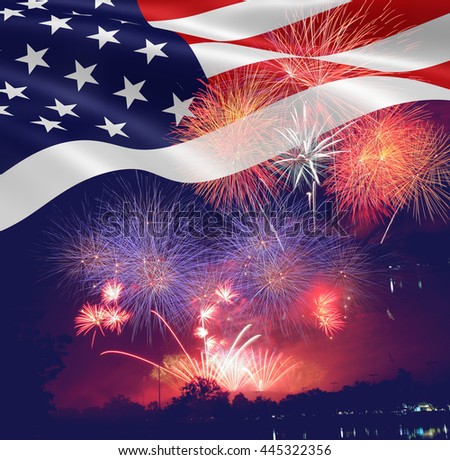 United States flag. Fireworks background for USA Independence Day. Fourth of July celebrate.