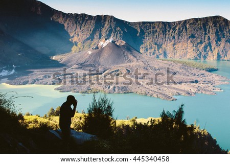 A man pray respect to Volcano, Rinjani, Indonesia