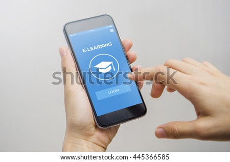 E-learning website on mobile smart phone, Close up Female hand,  Education and Technology Concept