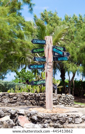 direction signpost to many different countries in caribbean island Barbados
