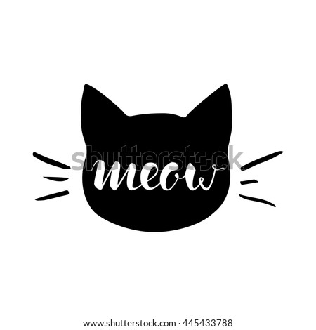 Black head of Cat with hand lettering word 'Meow' on white background. Vector illustration. Cute icon. Animal silhouette.