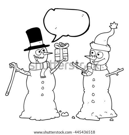 freehand drawn speech bubble cartoon snowmen exchanging gifts