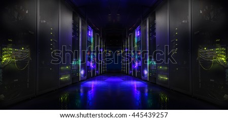 modern server room symmetry ranks supercomputers light Royalty-Free Stock Photo #445439257