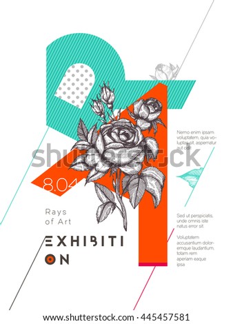 Poster design template with colorful floral composition and design elements. Vector illustration