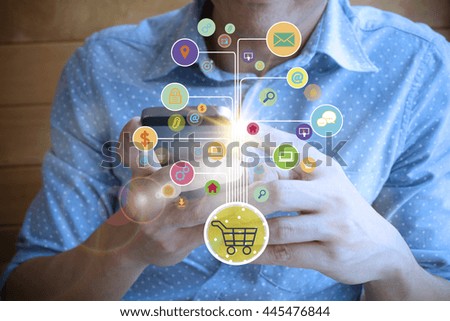 shopping cart with application software icons on mobile , business concept, shopping online concept 