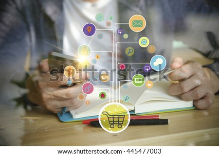 shopping cart with application software icons on mobile , business concept, shopping online concept 