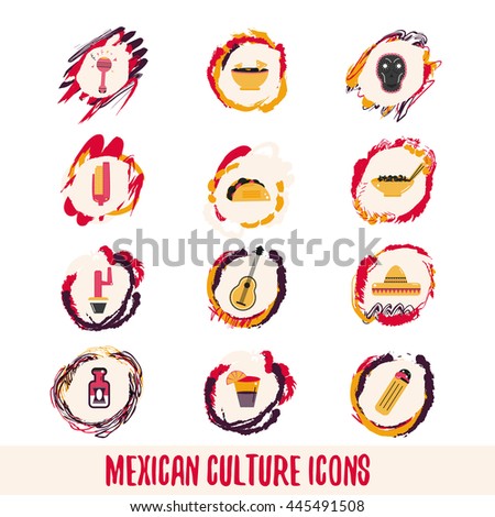 Mexican Culture Icons on colorful backgrounds, sombrero, pepper, actus, skull.