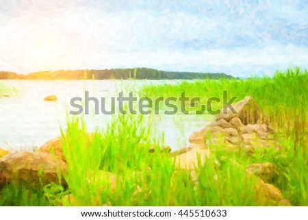 Green bulrush in a quiet Bay of the Finnish Gulf. Area for summer camping in the woods. Hamina, Finland, Suomi. Photo stylized pictorial representation