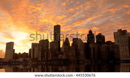 view of new york city skyline at sunset sky. modern metropolis landmark scenery background