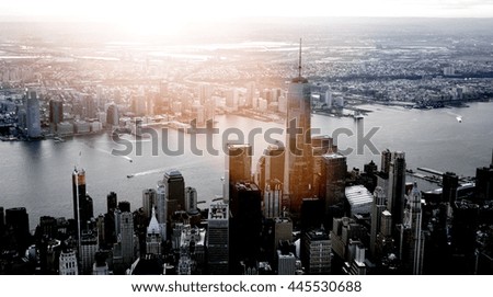 new york city skyline cityscape background. dramatic aerial shot of urban metropolis scenery  