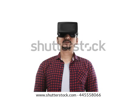 Young asian man experiencing virtual reality through a VR headset isolated on white background