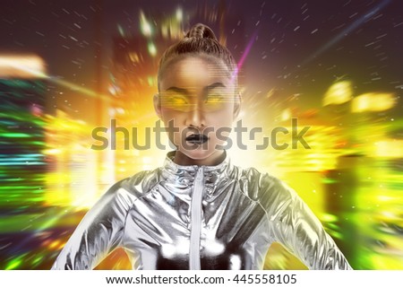 Pretty asian woman wearing latex jumpsuit. Inside cyber world concept