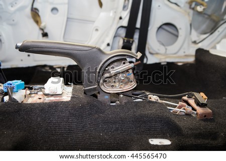 Auto details hand brake in car. ( Repair ) Royalty-Free Stock Photo #445565470