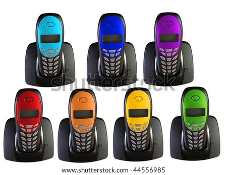 many telephones in the color of the rainbow, collage