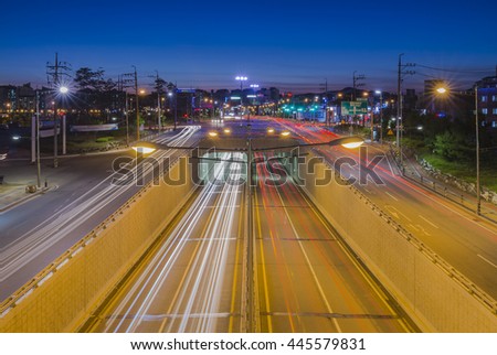 Traffic in Gimpo city at night, South Korea.