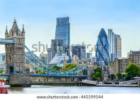 Tower bridge and financial district of London with a cloudless sky at sunset