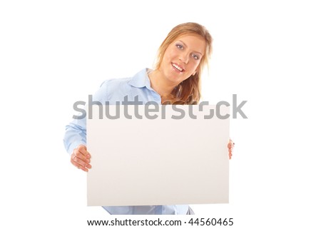 Happy young female holding blank banner - over white background