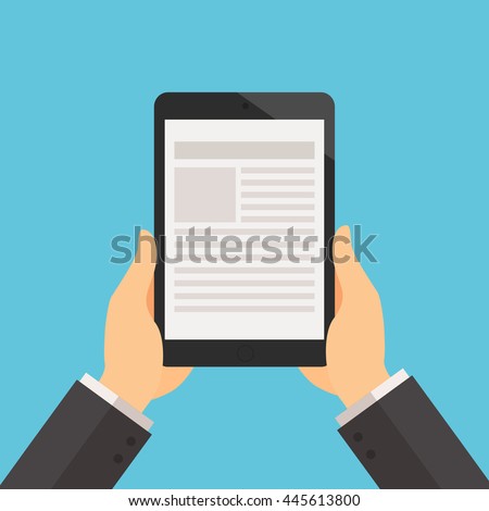 hand of man is holding tablet to read text  on the tablet 