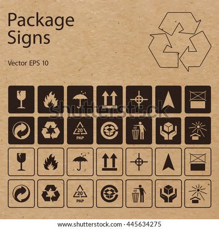 Vector packaging symbols on vector cardboard background. Shipping icon set including recycling, fragile, flammable, this side up, handle with care, keep dry, other symbols. Use on package, carton box. Royalty-Free Stock Photo #445634275