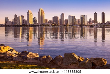 Downtown San Diego view from Coronado Island at sunrise.  San Diego, California USA.