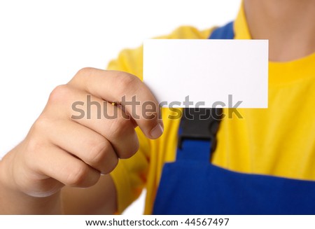 Worker showing his business card, isolated over white