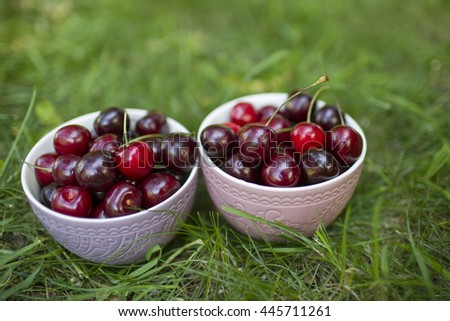 cherry berries in a two bowls on a green grass background