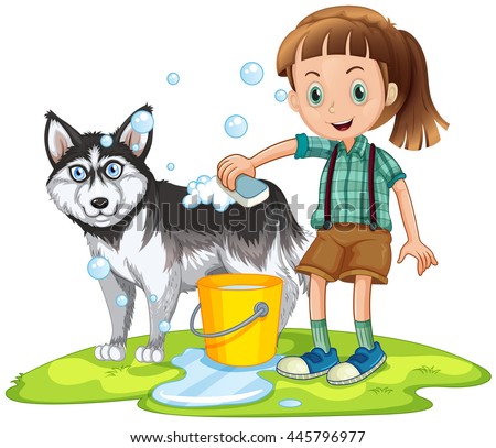 Girl giving bath to pet dog illustration
