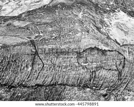 Buffalo hunting. Paint of human hunting on sandstone wall, prehistoric picture. Black carbon abstract children art in sandstone cave