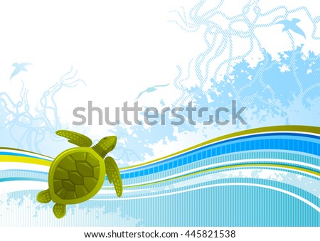 Sea travel abstract background pattern with net, foam, and seagulls and tropical sea turtle icon. Copy space for your text. For tourism agency, yacht or diving club and other summer vacation designs